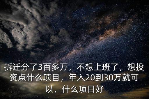 拆遷分了3百多萬，不想上班了，想投資點什么項目，年入20到30萬就可以，什么項目好