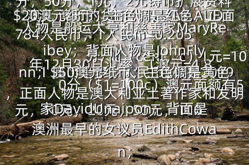 1 澳幣是多少人民幣$根據(jù)2019年12月30日匯率，1澳元=4.8784人民幣，1人民幣=0.205澳元 澳幣的貨幣代碼是A$,AUD，分/仙（cent，c）1元=100分（$1=100c）澳元面額有5元，10元，20元，50元，100元的塑料錢幣另有5分，10分，20分，50分，1元，2元鑄幣擴(kuò)展資料$20澳元紙幣：主色調(diào)是紅色，正面人物是船運(yùn)大亨和慈善家MaryReibey；背面人物是JohnFlynn；$50澳元紙幣：主色調(diào)是黃色，正面人物是澳大利亞土著作家和發(fā)明家DavidUnaipon；背面是澳洲最早的女議員EdithCowan；