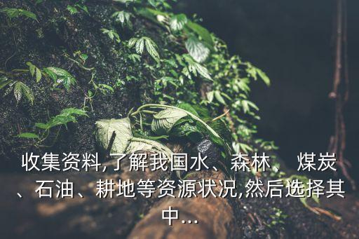 收集資料,了解我國水、森林、 煤炭、石油、耕地等資源狀況,然后選擇其中...